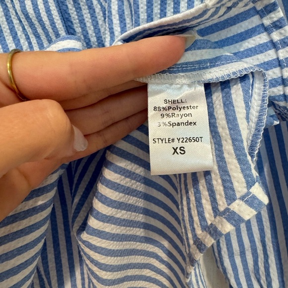 L1. Pomander Place Tuckernuck Stripe Seersucker Blue Long Sleeve Ruffle Collar - Picture 5 of 5